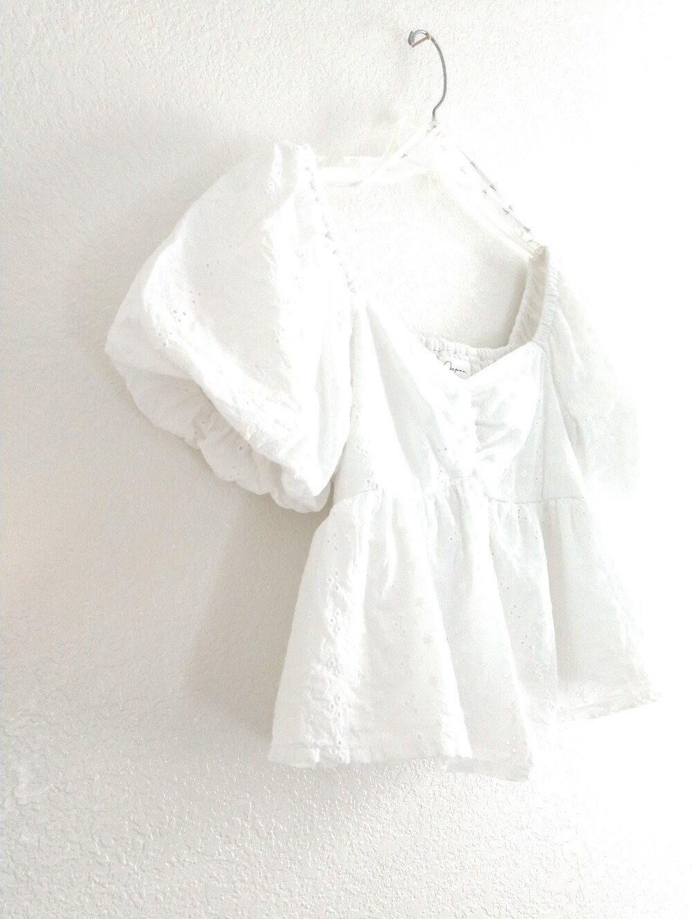 Adorable Japna White CROP Peasant Top Coquette White Eyelet Puff Sleeves Small - Picture 5 of 12